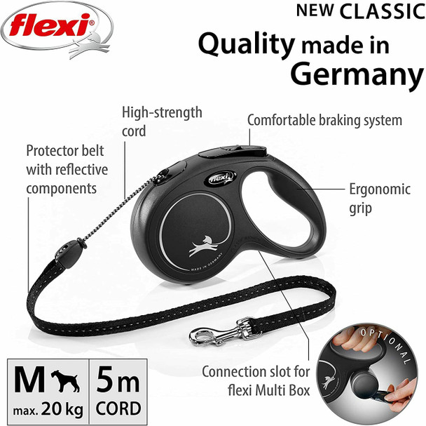 Flexi New Classic Cord Black Medium 5m Retractable Dog Leash/Lead for dogs up to 20kgs/44lbs