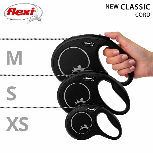 Flexi New Classic Cord Black Medium 5m Retractable Dog Leash/Lead for dogs up to 20kgs/44lbs