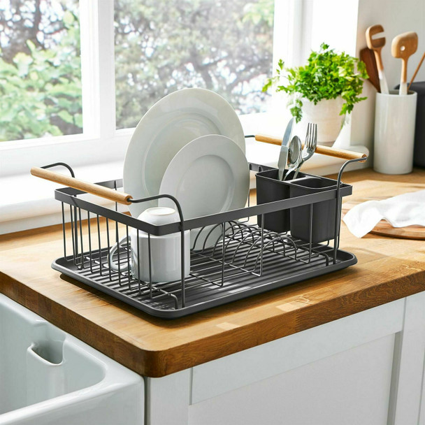 Tower Scandi T847009GRY Dishrack with Wooden Handle for 9 Full Sized Plates, Grey