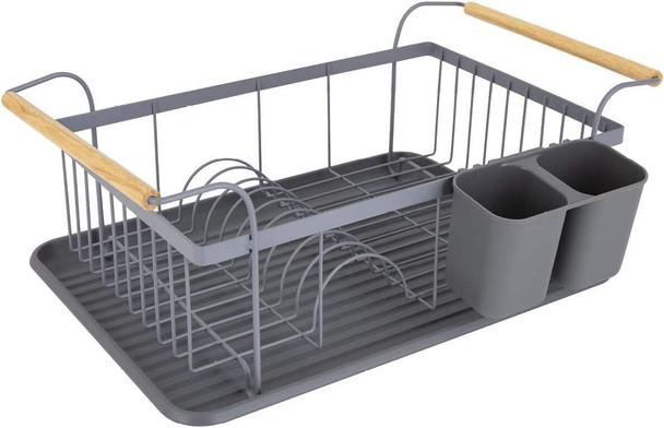 Tower Scandi T847009GRY Dishrack with Wooden Handle for 9 Full Sized Plates, Grey