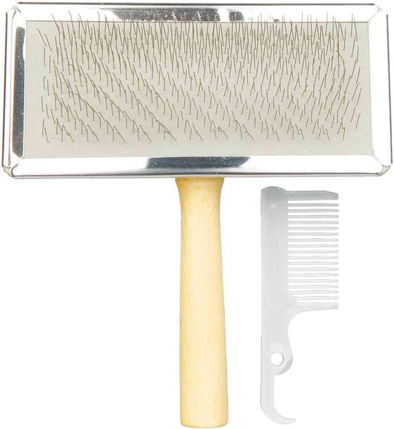 Dog Slicker Brush with Wood Handle Including Brush Cleaner Large