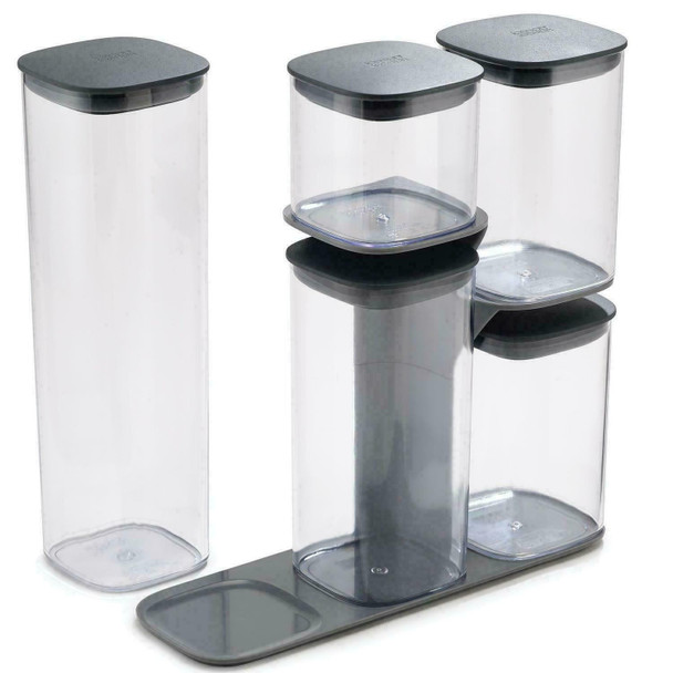 Joseph Joseph Podium 5-Piece Air Tight Kitchen Storage Jar Set with Stand, Grey