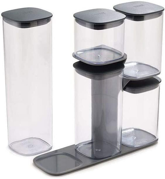 Joseph Joseph Podium 5-Piece Air Tight Kitchen Storage Jar Set with Stand, Grey