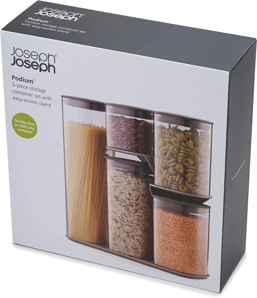 Joseph Joseph Podium 5-Piece Air Tight Kitchen Storage Jar Set with Stand, Grey
