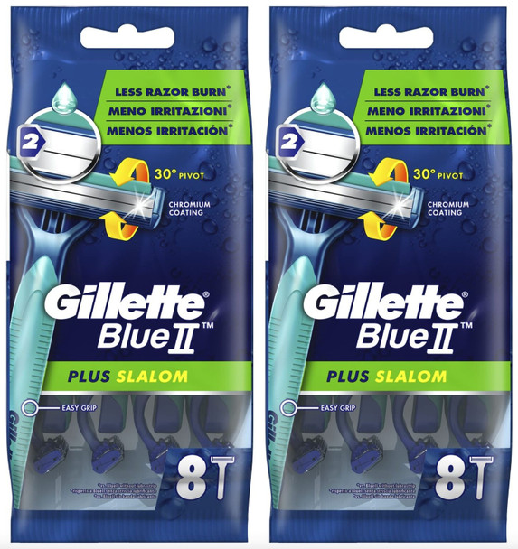 2 x Gillette Blue II Plus Slalom Men's Disposable Razors with LubraStrip 8 Pack