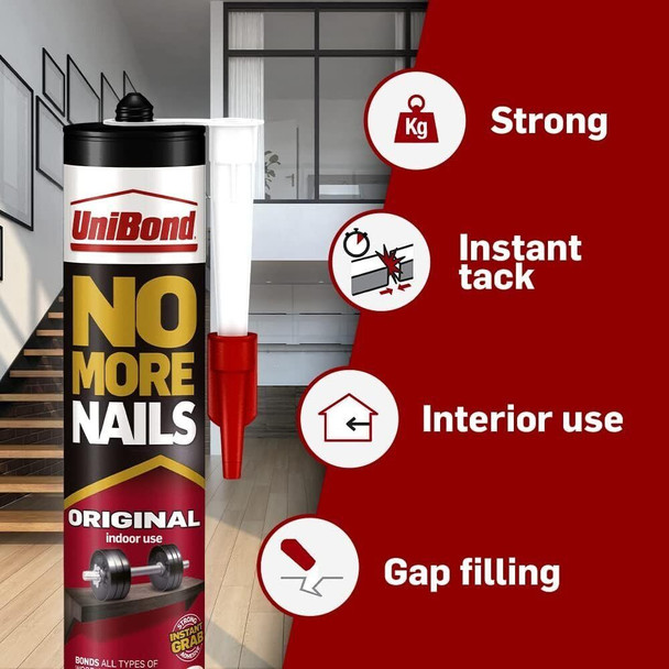 UniBond 1426052 No More Nails Original, Heavy-Duty Mounting Adhesive, Strong Glue for Wood, Ceramic, Metal & More, White Instant Grab Adhesive, 1 x 365g Cartridge