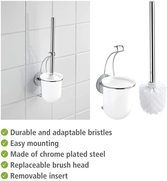 WENKO Vacuum-Loc Wall Toilet Brush Set Milazzo-Fixing Without Drilling, Steel, Silver Shiny, 12 x 10 x 36.5 cm