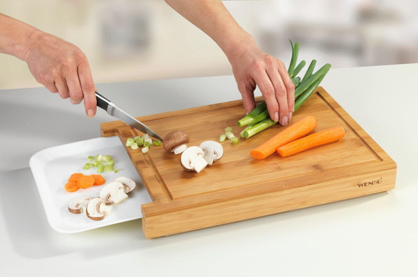 WENKO Bruno-Kitchen, Cutting Board with Juice Rim and Collecting Bowl/Tray, Bamboo, Brown, 25 x 35 x 4 cm