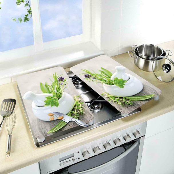 WENKO Universal Cover Plates Herb Garden-Set of 2, for All Types of cookers, Tempered glass, Multicoloured, 52 x 30 x 0.1 cm