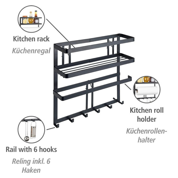 Wenko Gala Multi-Function Kitchen Shelf for Space-Saving Storage of Kitchen Utensils with Kitchen Roll Holder & Railing with 6 Hooks, Powder Coated Flat Steel, 30 x 33 x 9 cm, Black
