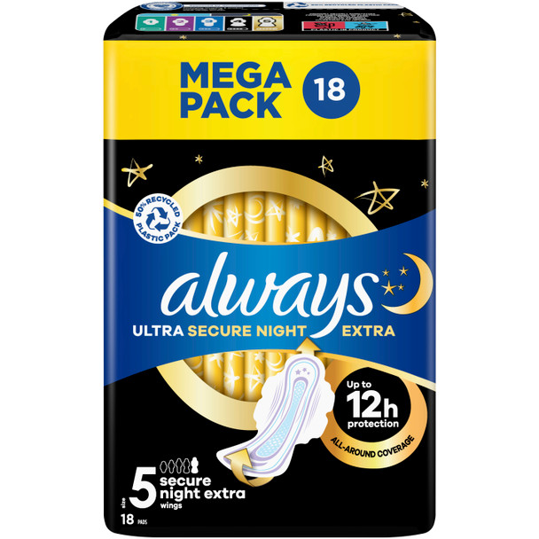 Always Ultra Sanitary Towels Secure Night Extra (Size 5) Wings X18 Pads, Super Absorbent and Ultra Thin, for Menstrual Periods