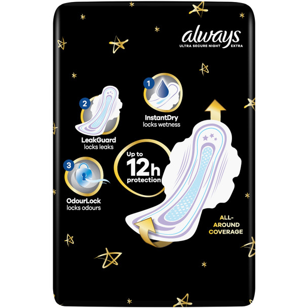 Always Ultra Sanitary Towels Secure Night Extra (Size 5) Wings X18 Pads, Super Absorbent and Ultra Thin, for Menstrual Periods