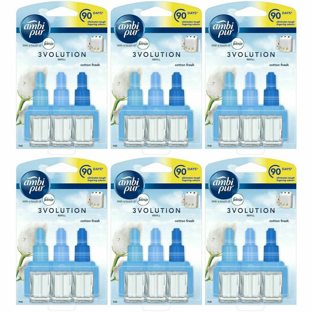 Febreze Ambi Pur 3Volution Air Freshener Plug in Diffuser Refills, Twin Pack, Pack of Three, 6 x 20 ml, Cotton Fresh Scent