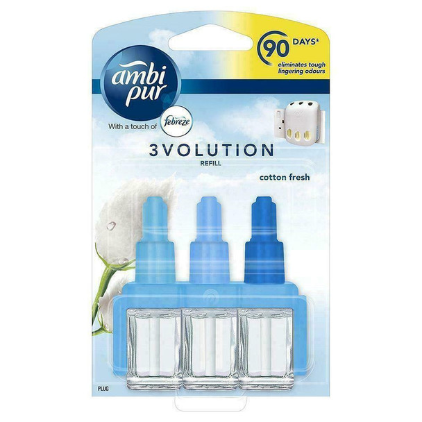 Febreze Ambi Pur 3Volution Air Freshener Plug in Diffuser Refills, Twin Pack, Pack of Three, 6 x 20 ml, Cotton Fresh Scent