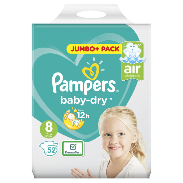Pampers Size 8 Baby-Dry Nappies - Jumbo 52 Pack