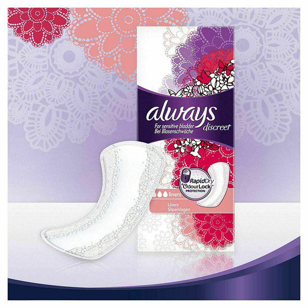 Always Discreet Incontinence Liners Women, 24 Liners, Moderate Absorbency, Thin and Flexible, Liners for Sensitive Bladder