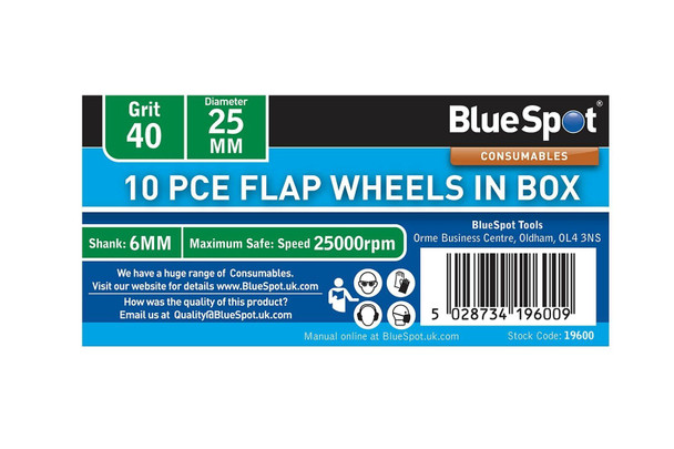 Blue Spot Tools 19600 10 Piece 40 Grit 25MM Spindle Flap Wheels in Box