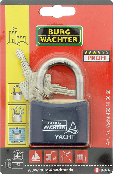 Burg Wachter Yacht 50mm Padlock Double Interlocked Shackle & 2 Keys