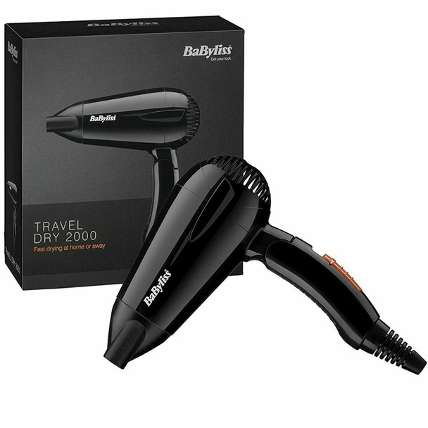 BaByliss Travel Dry 2000W Hair Dryer, Dual voltage, Worldwide, Lightweight, Compact, folding handle