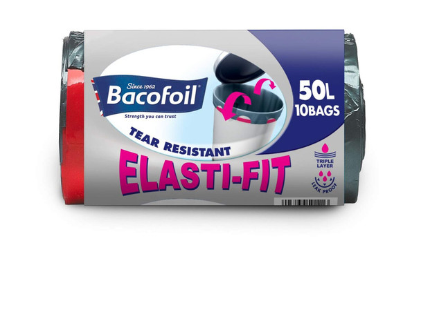 Bacofoil Elasti-Fit Kitchen Bin Liners with elastic tie handles, Ultra Durable, 50L x 10 bags