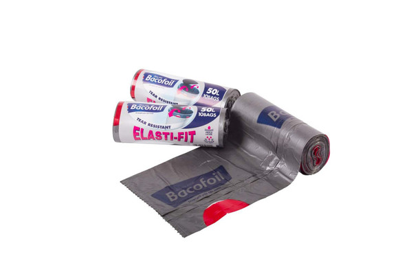 Bacofoil Elasti-Fit Kitchen Bin Liners with elastic tie handles, Ultra Durable, 50L x 10 bags