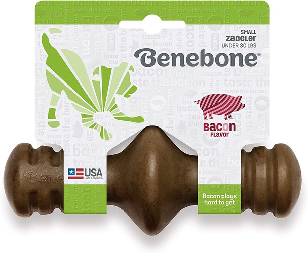 Benebone Zaggler Durable Rolling Dog Chew Toy for Aggressive Chewers, Real Bacon, Small, Made in the USA.