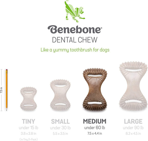 Benebone Durable Dental Dog Chew Toy for Aggressive Chewers, Real Bacon, Medium, Updated Design.
