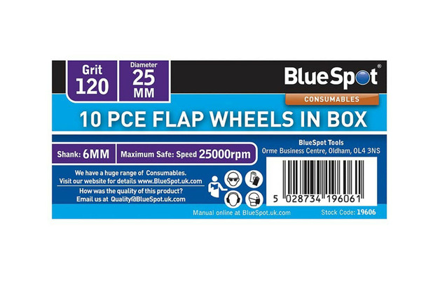 Blue Spot Tools 19606 10 Piece 120 Grit 25MM Spindle Flap Wheels in Box