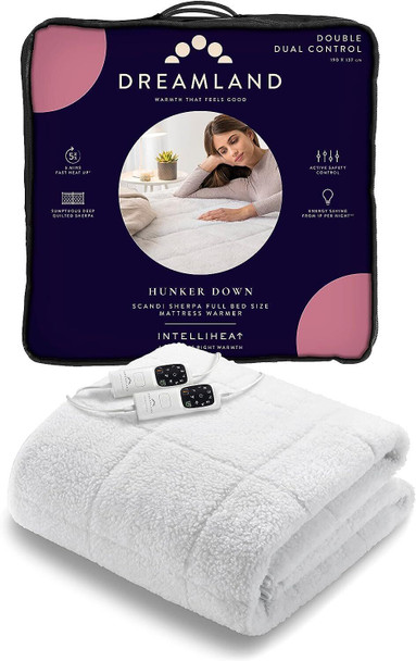 Dreamland Double Size Hunker Down Scandi Sherpa Electric Underblanket (Intelliheat Plus Fast Heat, Machine Washable, 190 x 137cm, 2 Detachable Controls, 6 Temperature and Auto Timer)