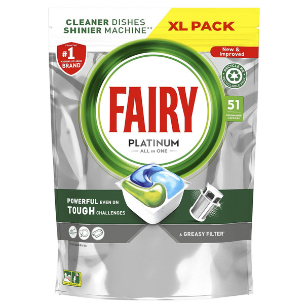 Fairy PlatinumAll-In-1 Dishwasher Tablets Bulk, 51 Tablets, Original, XXL Pack, With Greasy Filter & Rinse Aid Action