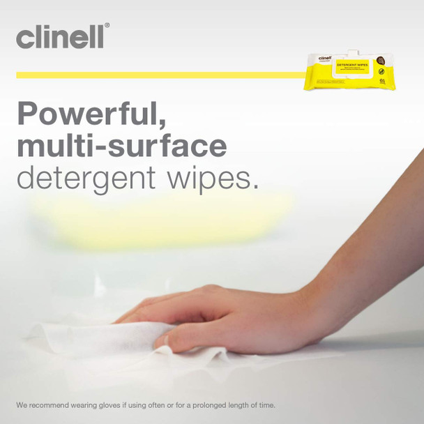 Clinell Detergent Wipes - Alcohol and Disinfectant Free Multi-Surface Wipes - Strong & Durable Wipes, Low Smear - Clip Pack of 60 Wipes