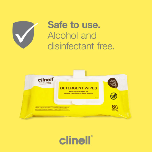 Clinell Detergent Wipes - Alcohol and Disinfectant Free Multi-Surface Wipes - Strong & Durable Wipes, Low Smear - Clip Pack of 60 Wipes
