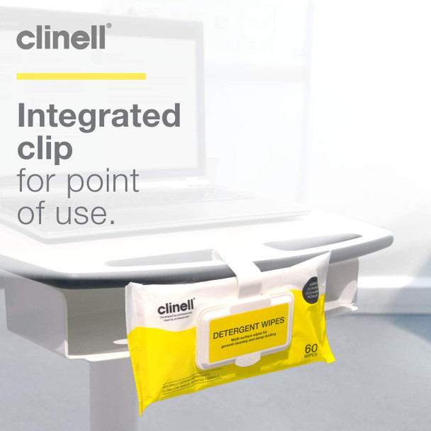 Clinell Detergent Wipes - Alcohol and Disinfectant Free Multi-Surface Wipes - Strong & Durable Wipes, Low Smear - Clip Pack of 60 Wipes