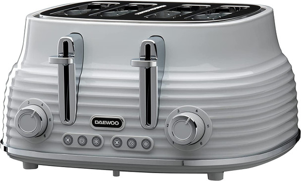 Daewoo Sienna Collection 4 Slice Toaster, Adjustable Browning Controls, Cancel, Defrost, Reheat Functions With Removable Crumb Tray For Easy Cleaning, Grey