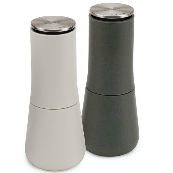 Joseph Joseph Milltop Non-Spill Salt and Pepper Mill Set Refillable with Ceramic Grinding, White/Grey