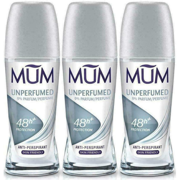 THREE PACKS of Mum Unperfumed Anti-perspirant Roll On 50ml
