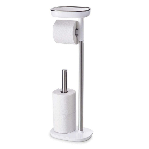 Joseph Joseph Bathroom EasyStore Free Standing Toilet Paper Roll Holder with small storage shelf, Stainless Steel