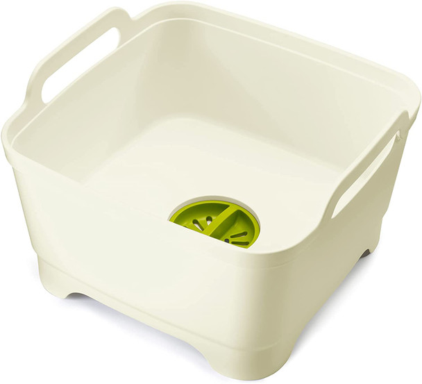 Joseph Joseph Wash & Drain Kitchen Washing Up Bowl with Handles and Draining Plug, 9 Litres, White/Green