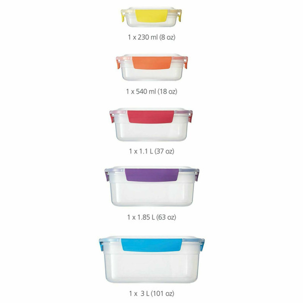 Joseph Joseph Nest Lock, 5 Piece Plastic Food Kitchen Storage Container set with lids, Leak Proof, Airtight, Space Saving, BPA free- Multicolour