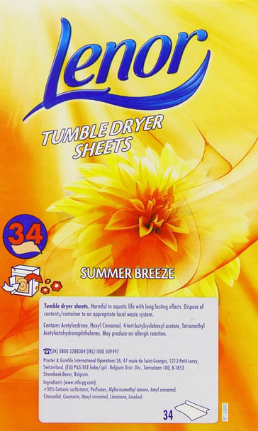 3 x Lenor Tumble Dryer Sheets Summer Breeze Scent 34 Pack