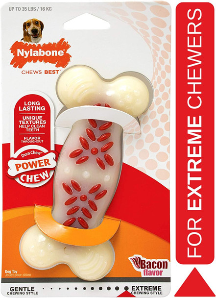 Nylabone Extreme Tough Dog Chew Toy Dura Plus, Ridges & Nubs Help Clean Teeth, Bacon Flavour, M, for Dogs Up to 16 kg