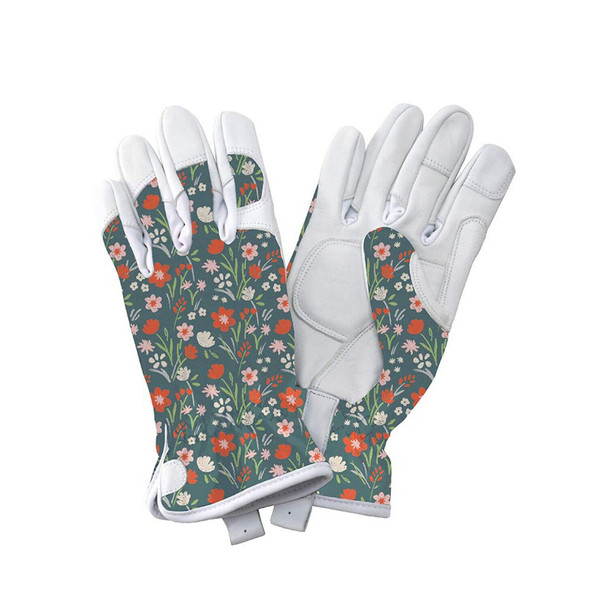 Kent & Stowe Premium Leather Gardening Gloves Teal Meadow Flowers Ladies Small