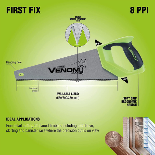 Draper 82194 Venom First Fix Double Ground 8PPI Handsaw, 500 mm Blade Length , Green