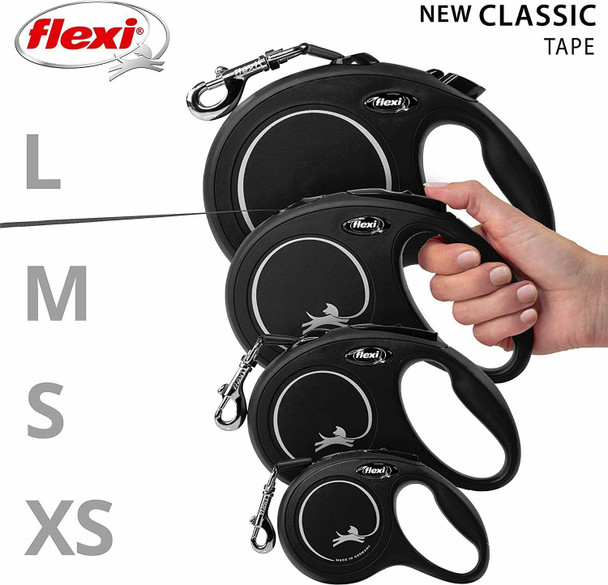 Flexi New Classic Tape Black Large 8m Retractable Dog Leash/Lead for dogs up to 50kg/110lbs
