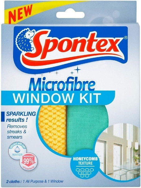 Spontex Microfibre Window Cleaning Cloth Kit Just Use Water, 2 Pack