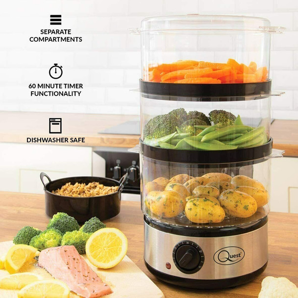 Quest 400W 3 Tier Food Steamer Silver, Compact Healthy Cooking with Timer, 7.2 L