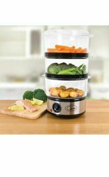 Quest 400W 3 Tier Food Steamer Silver, Compact Healthy Cooking with Timer, 7.2 L