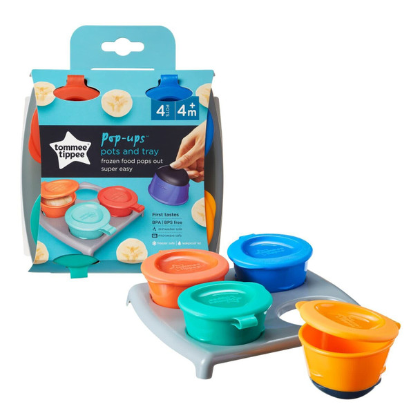 Tommee Tippee Pop Up Baby Feeding Freezer Pots & Tray, 4 Pack Push-up Bases, 4m+