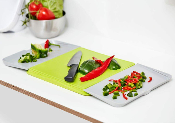 Addis Chop & Swipe Chopping Board with easy pour side trays, Lime & Grey