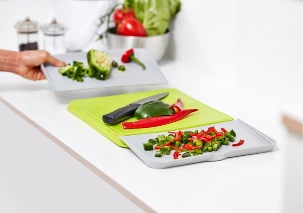 Addis Chop & Swipe Chopping Board with easy pour side trays, Lime & Grey